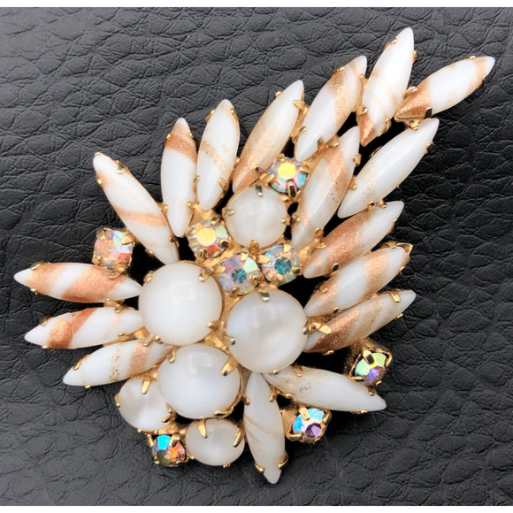 Vintage Brooch Milk Glass Goldstone Givre Navette AB Aurora Borealis Spray Pin